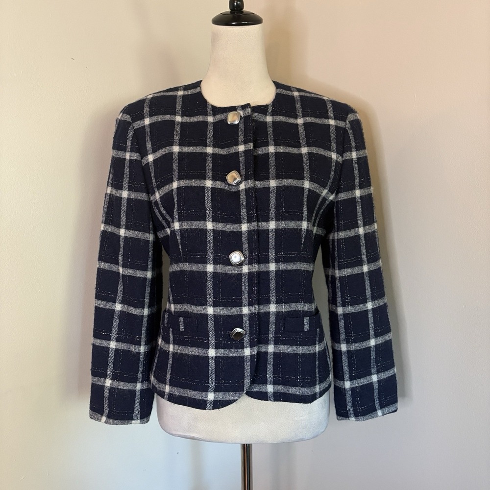VTG 80s Pendleton Petite Wool Blazer Navy Silver Metallic Plaid Check 6 Mint